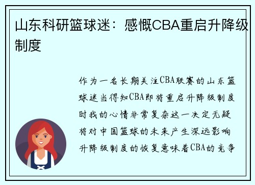 山东科研篮球迷：感慨CBA重启升降级制度